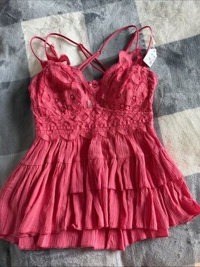 Zenana Outfitters Pink Lace Tiered Crop Top